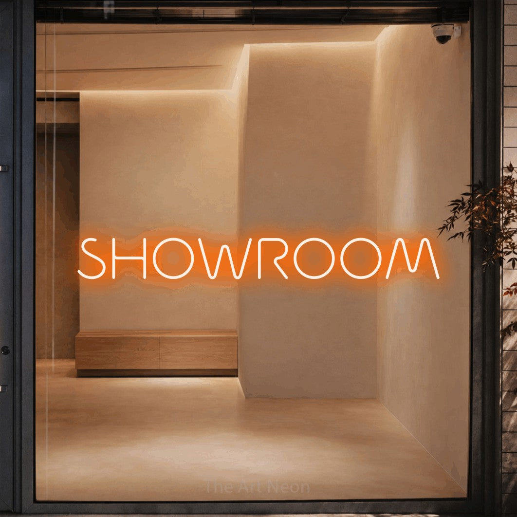 LED neon sign reading “SHOWROOM”, arranged in a single line.