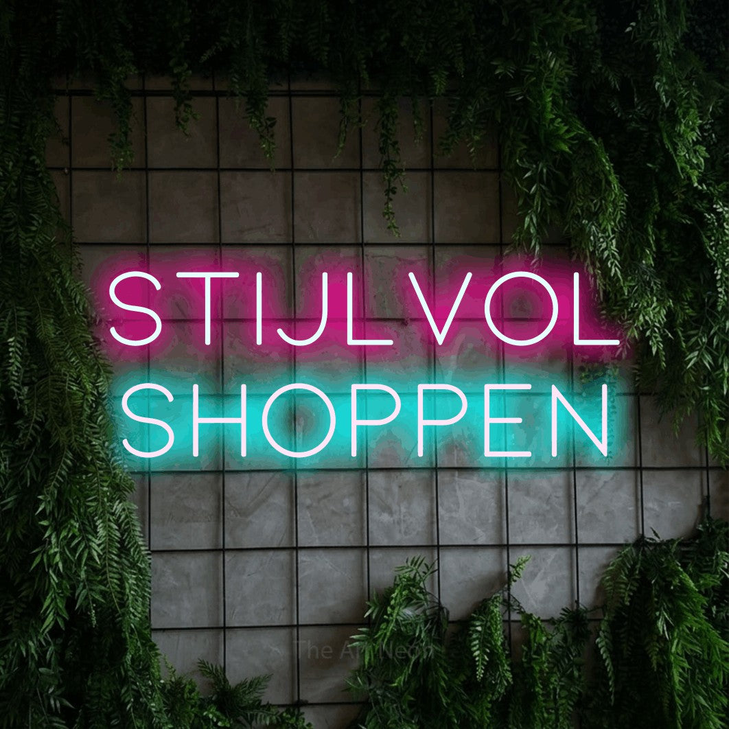 LED neon sign reading “Stijlvol Shoppen”, arranged in 2 lines.