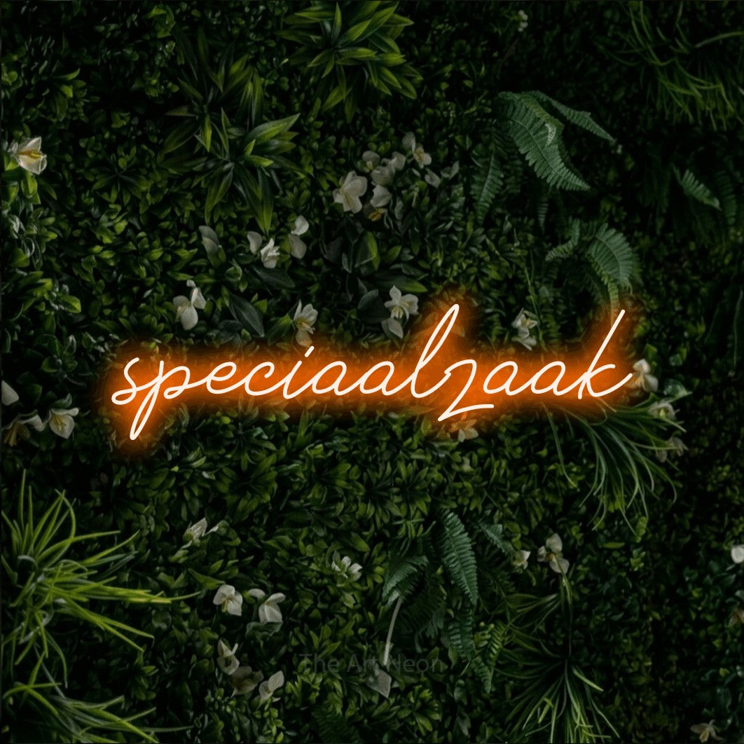 LED neon sign reading “speciaalzaak”, arranged in a single line.