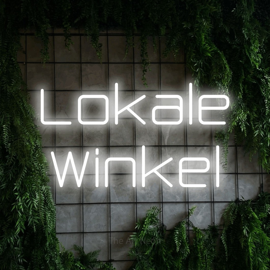 LED neon sign reading “Lokale Winkel”, arranged in 2 lines.