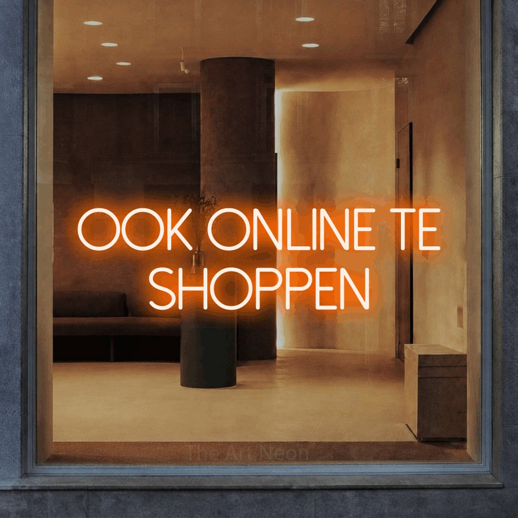 LED neon sign reading “Ook Online Te Shoppen”, arranged in 2 lines.