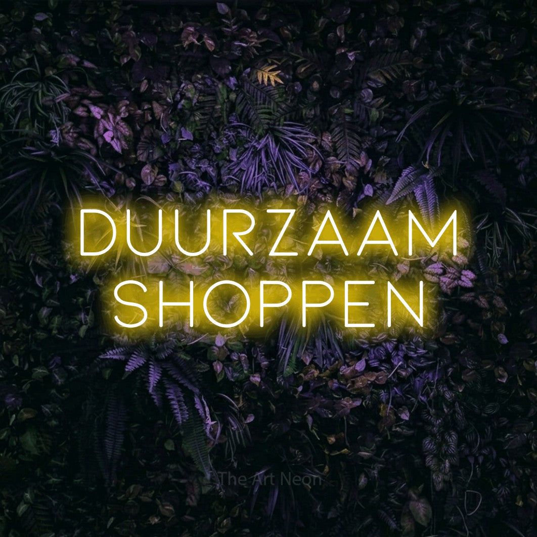LED neon sign reading “DUURZAAM shoppen”, arranged in 2 lines.