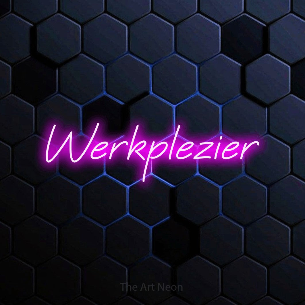 LED neon sign reading “Werkplezier”, arranged in a single line.