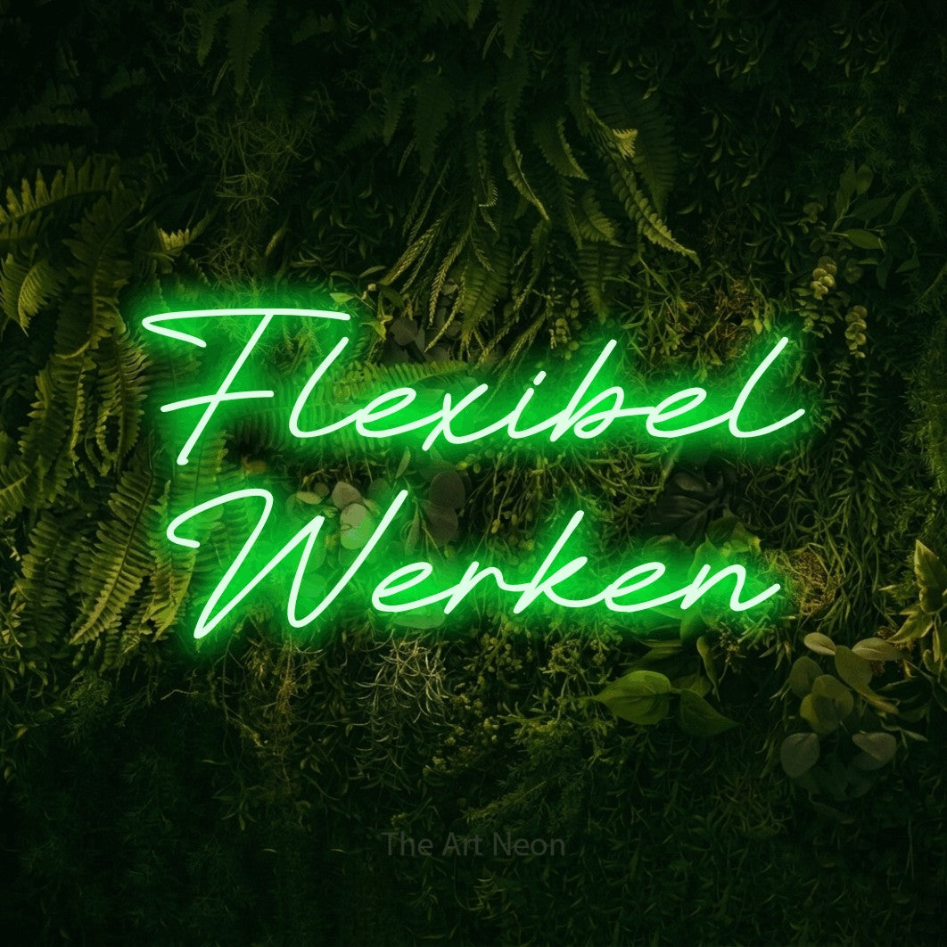 LED neon sign reading “Flexibel Werken”, arranged in 2 lines.