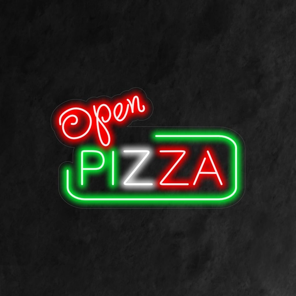 "Open Pizza Neon Sign" is een hartige en onweerstaanbare toevoeging, perfect voor pizzeria's die hun deuren openen voor pizzaliefhebbers. Verlicht met de geur van versgebakken lekkernijen!