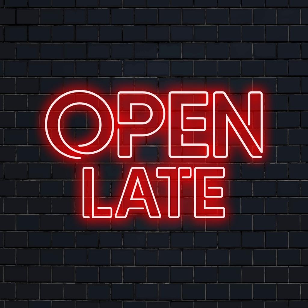Op maat gemaakt LED-neonbord met de tekst 'Open Late', ideaal om een ​​levendige, uitnodigende gloed aan elke ruimte toe te voegen.