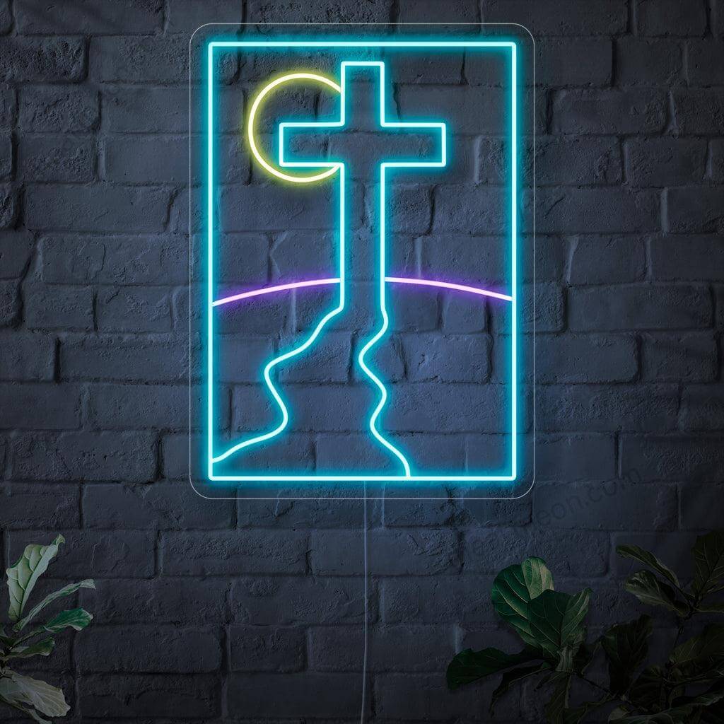 Een verlicht neonbord met een pad dat naar een kruis leidt, symboliseert de reis van het geloof en biedt een gevoel van richting en inspiratie