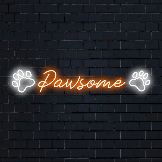 Custom LED neon sign titled Pawsome, styled for pet lovers; features vibrant neon color and paw design.