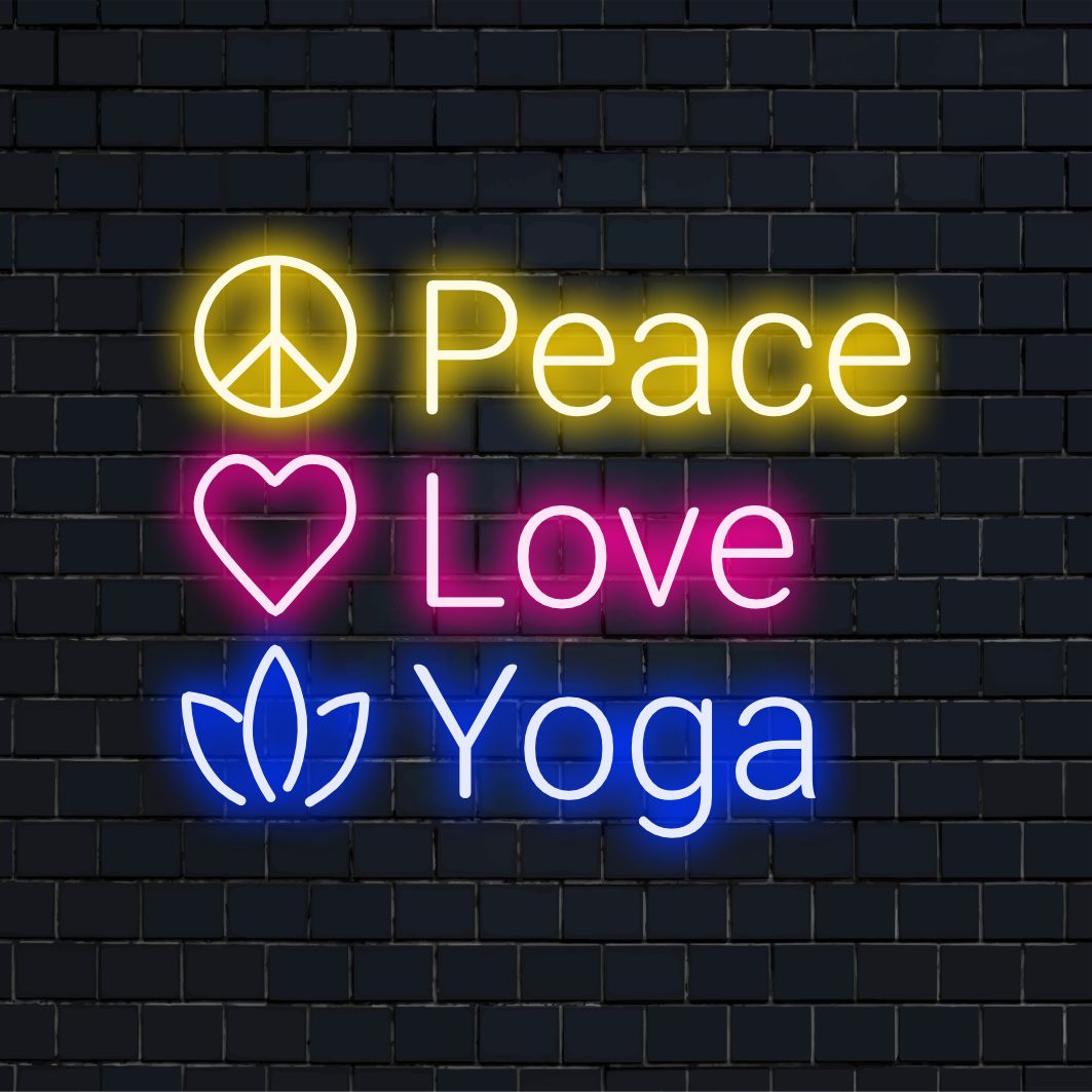 Levendig, op maat gemaakt LED-neonbord met de tekst 'Vrede, Liefde, Yoga' met stralende gloed; perfect voor uw zenruimte.