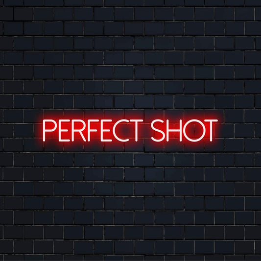 Vibrant LED neon sign displaying Perfect Shot, ideal for adding a custom flair to any space; highlights personalized neon design.