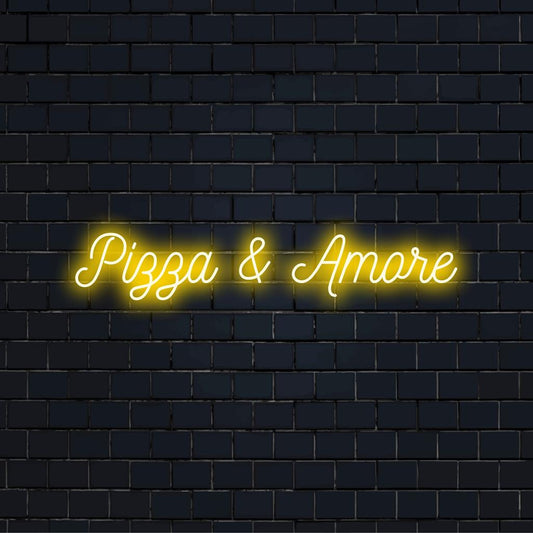 Vibrant Pizza & Amore neon sign, blending food and love vibes; ideal for cozy ambiance or restaurant decor.