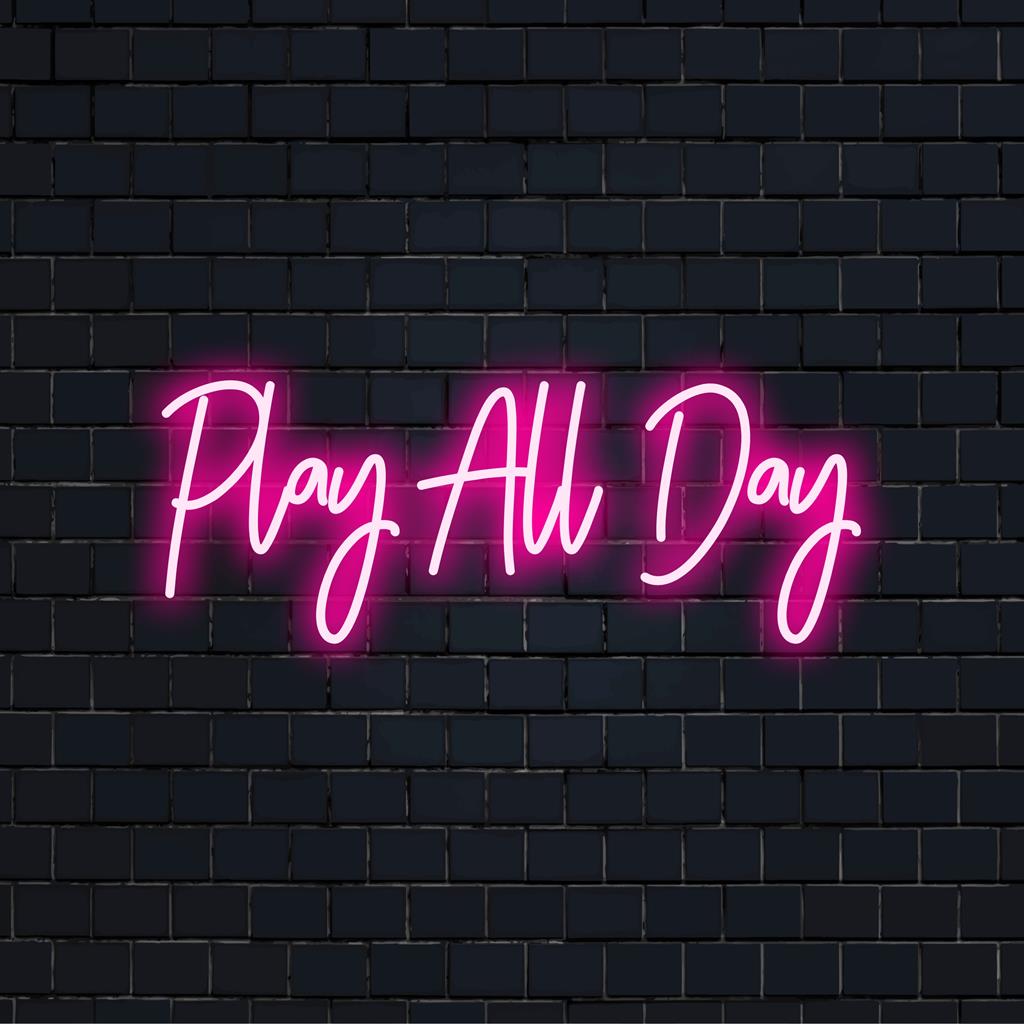 Op maat gemaakt LED-neonbord met de speelse tekst Play All Day, het perfecte neonlichtdecor voor levendige en aantrekkelijke ruimtes.