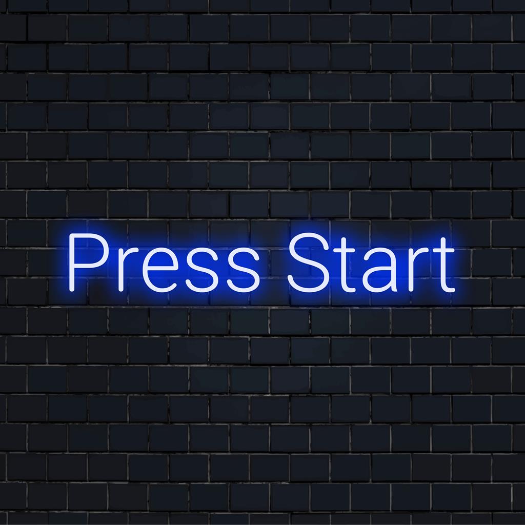 Levendig, op maat gemaakt LED-neonbord met de tekst 'Press Start'; perfect om elke ruimte een retro gamingsfeer te geven.