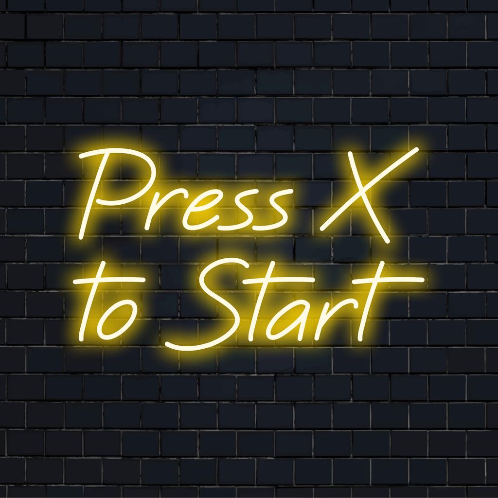 Levendig, op maat gemaakt LED-neonbord met de tekst 'Press X To Start', perfect als decoratie voor gameliefhebbers en als unieke wandlamp.