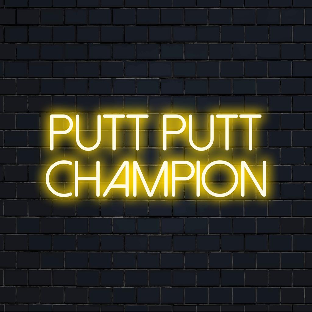 LED-neonreclame met de tekst Putt Putt Champion, perfect om een ​​speels en persoonlijk tintje aan uw ruimte toe te voegen.