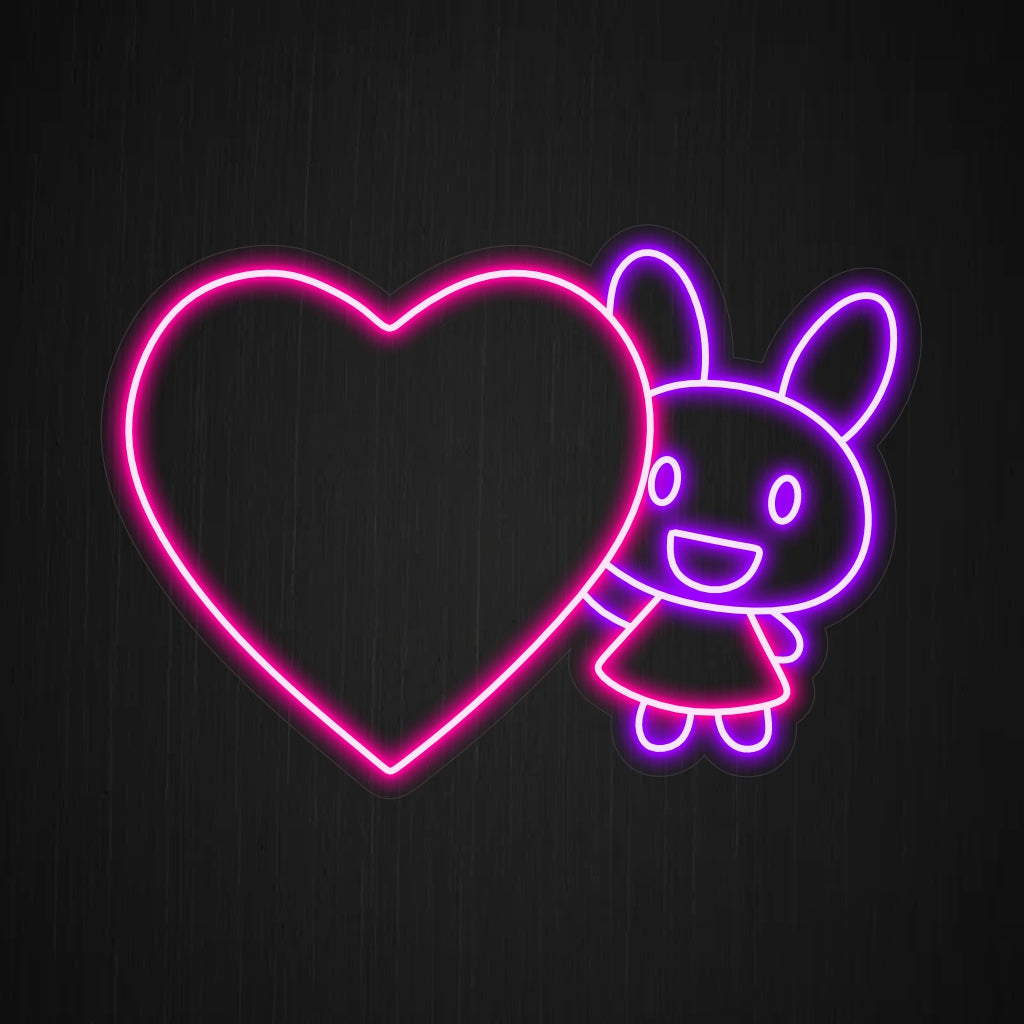 "Neonreclamebord "Konijn met een Groot Hart" is een hartverwarmende toevoeging, perfect voor ruimtes die de liefde en schattigheid van konijnen vieren. Verlicht met de warmte van een konijn met een groot hart!