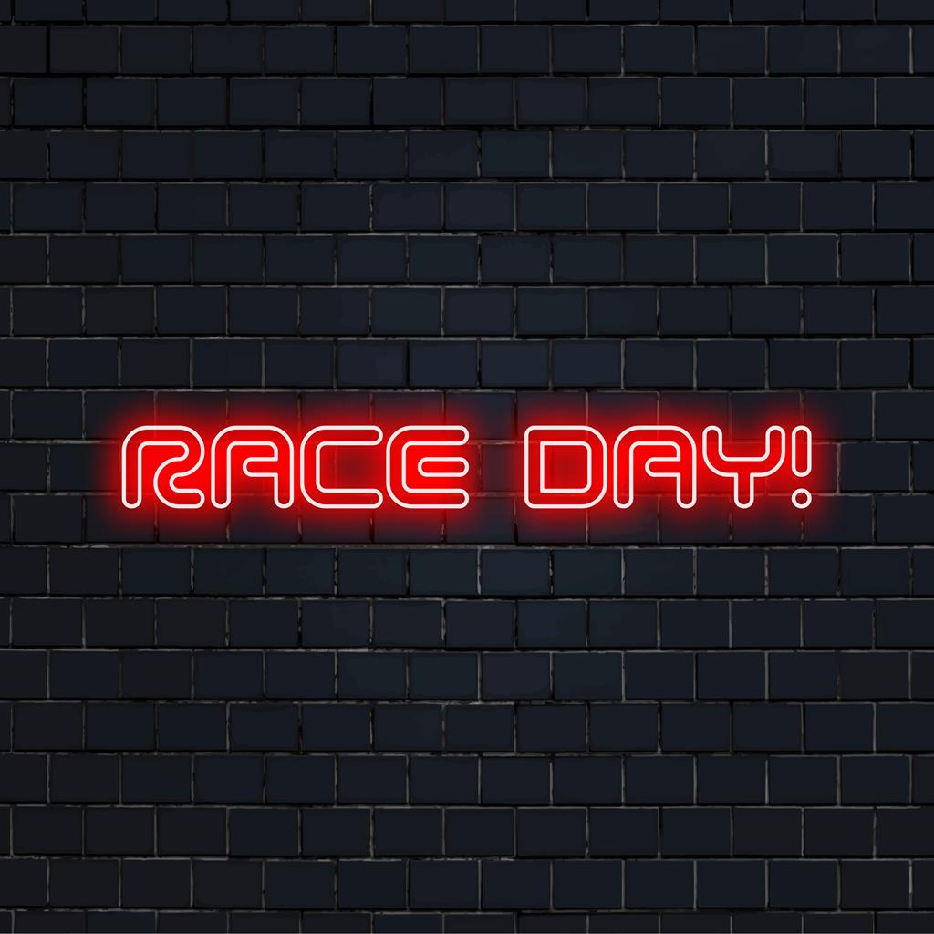 LED neon sign reading Race Day! with vibrant colors, perfect personalized decor for motorsport enthusiasts and events.
