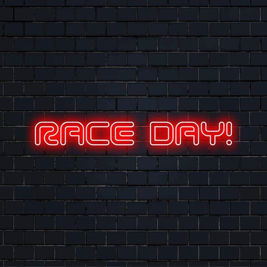LED neon sign reading Race Day! with vibrant colors, perfect personalized decor for motorsport enthusiasts and events.