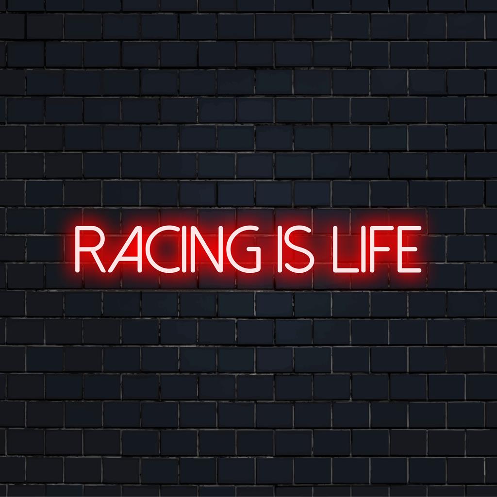 Aangepast LED-neonbord: levendig Racing Is Life-ontwerp, perfect voor motorsportfans en liefhebbers van neonkunst aan de muur.