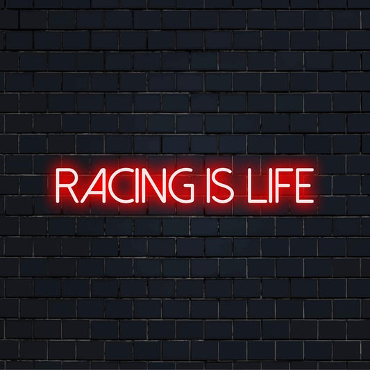 Aangepast LED-neonbord: levendig Racing Is Life-ontwerp, perfect voor motorsportfans en liefhebbers van neonkunst aan de muur.
