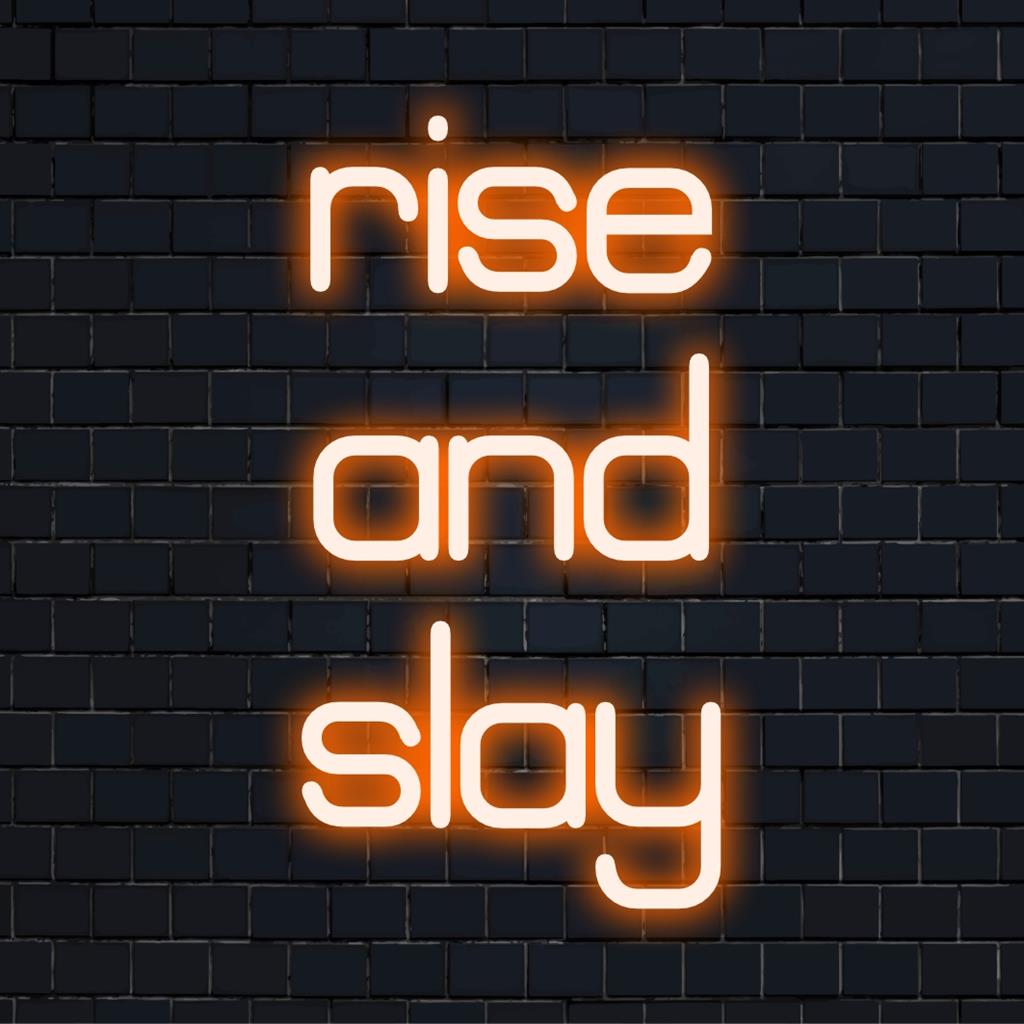 Een op maat gemaakt LED-neonbord met Rise And Slay in levendige tinten, perfect om uw ruimte te inspireren en energie te geven.