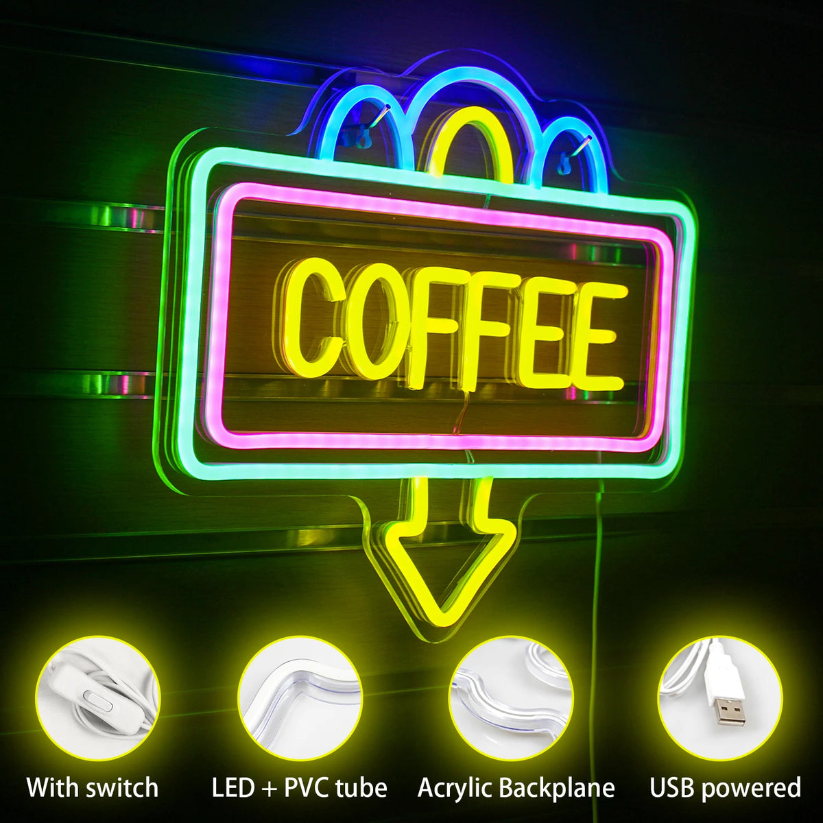 COFFEE – Rechthoekig kader en pijl naar beneden – LED-neonreclame (5 V USB)
