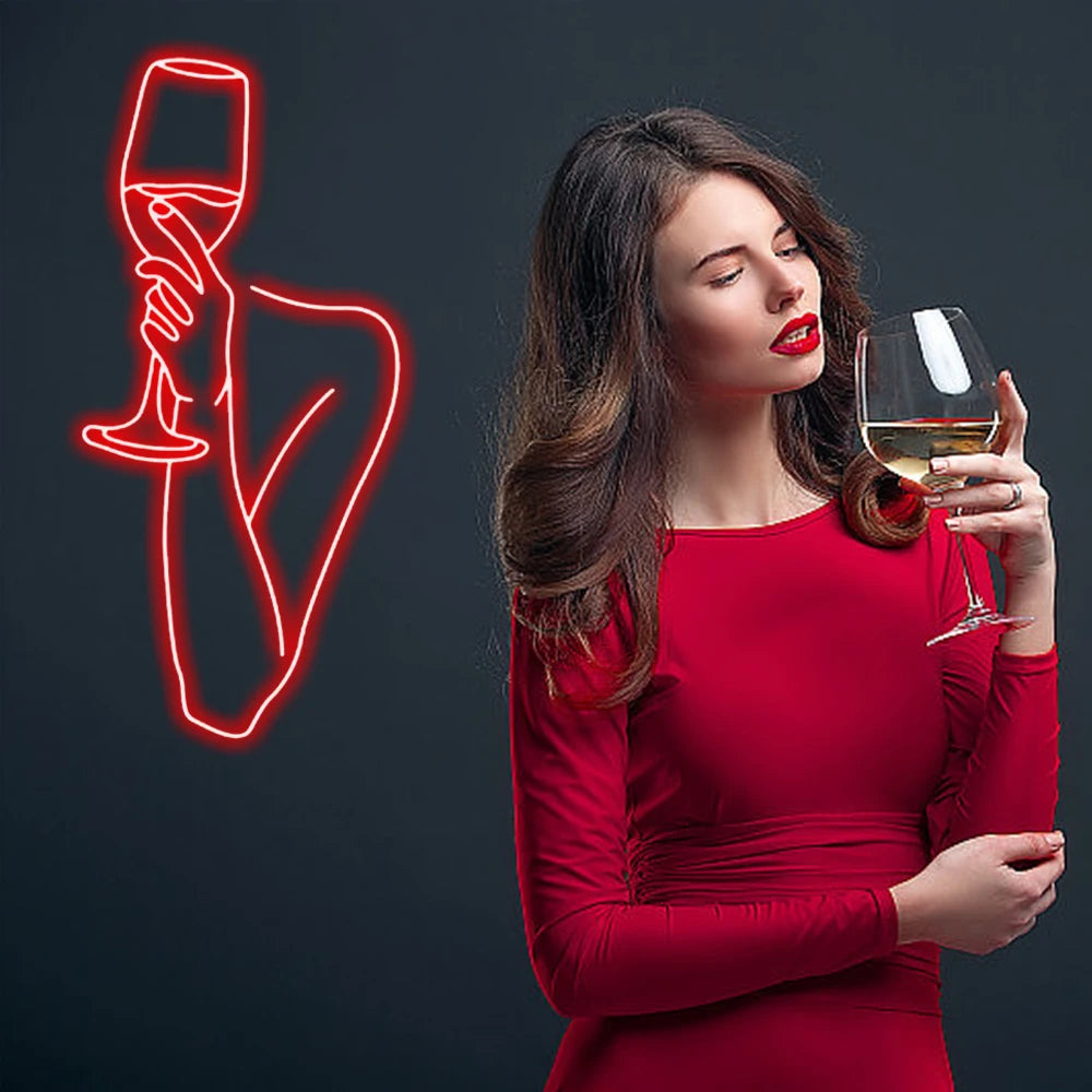 Vrouw en wijnglas – LED-neonreclame (5 V USB)