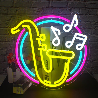 A vibrant LED neon sign shaped like a saxophone is prominently displayed against a dark background.