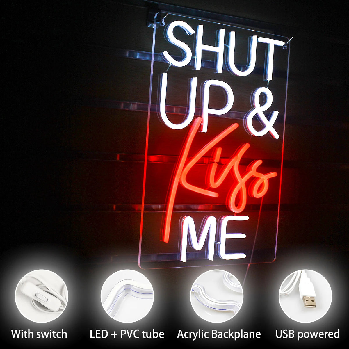 Shut Up & Kiss Me – LED-neonbord (5 V USB)