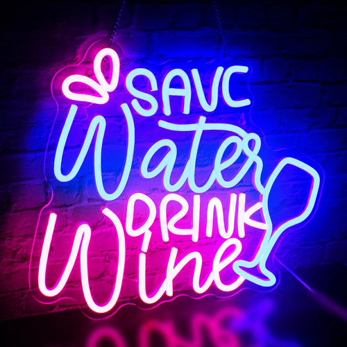SAVE Water DRINK Wine – Wijnglas en druppels – LED-neonreclame (5 V USB)
