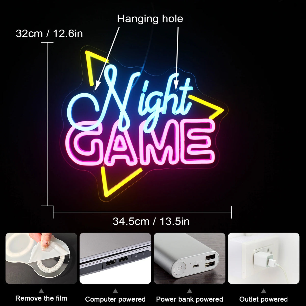 Night GAME – Driehoekig kader – LED-neonbord (5 V USB)