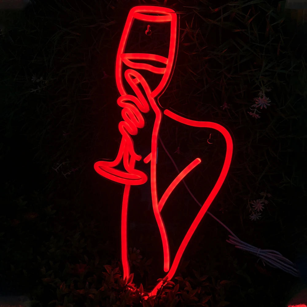 Vrouw en wijnglas – LED-neonreclame (5 V USB)