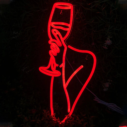Vrouw en wijnglas – LED-neonreclame (5 V USB)