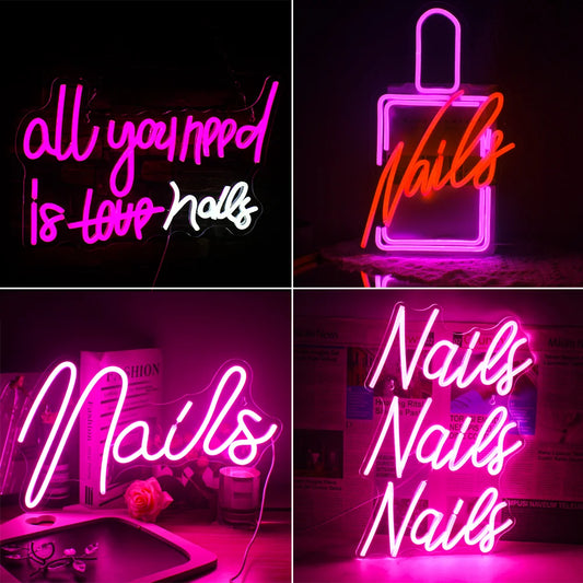 De afbeelding toont een levendig led-neonbord met de tekst "All you need is nails" in een aantrekkelijk lettertype.