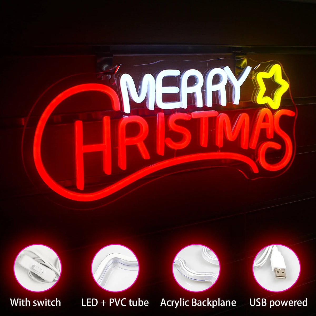 Merry Christmas – Ster – LED-neonbord (5 V USB)