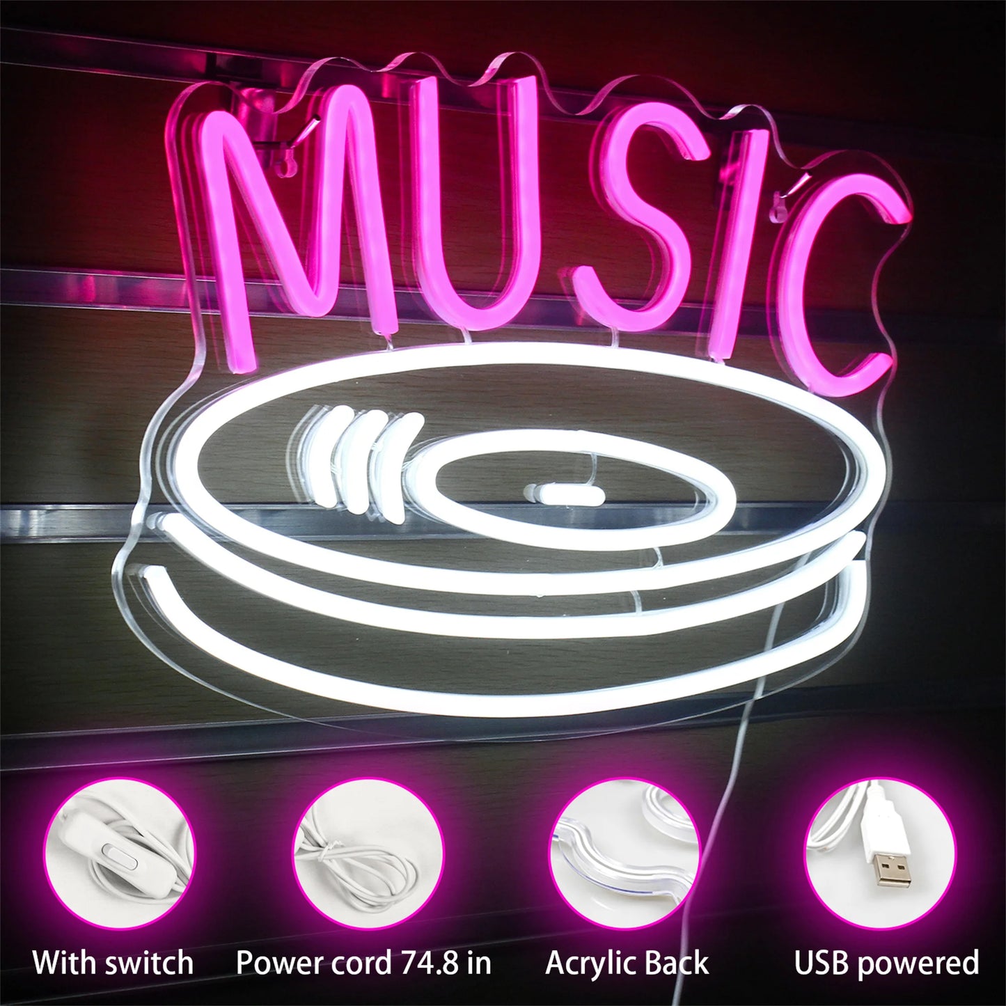 Music Record 5V Mini USB LED Neon Sign - Budget Friendly