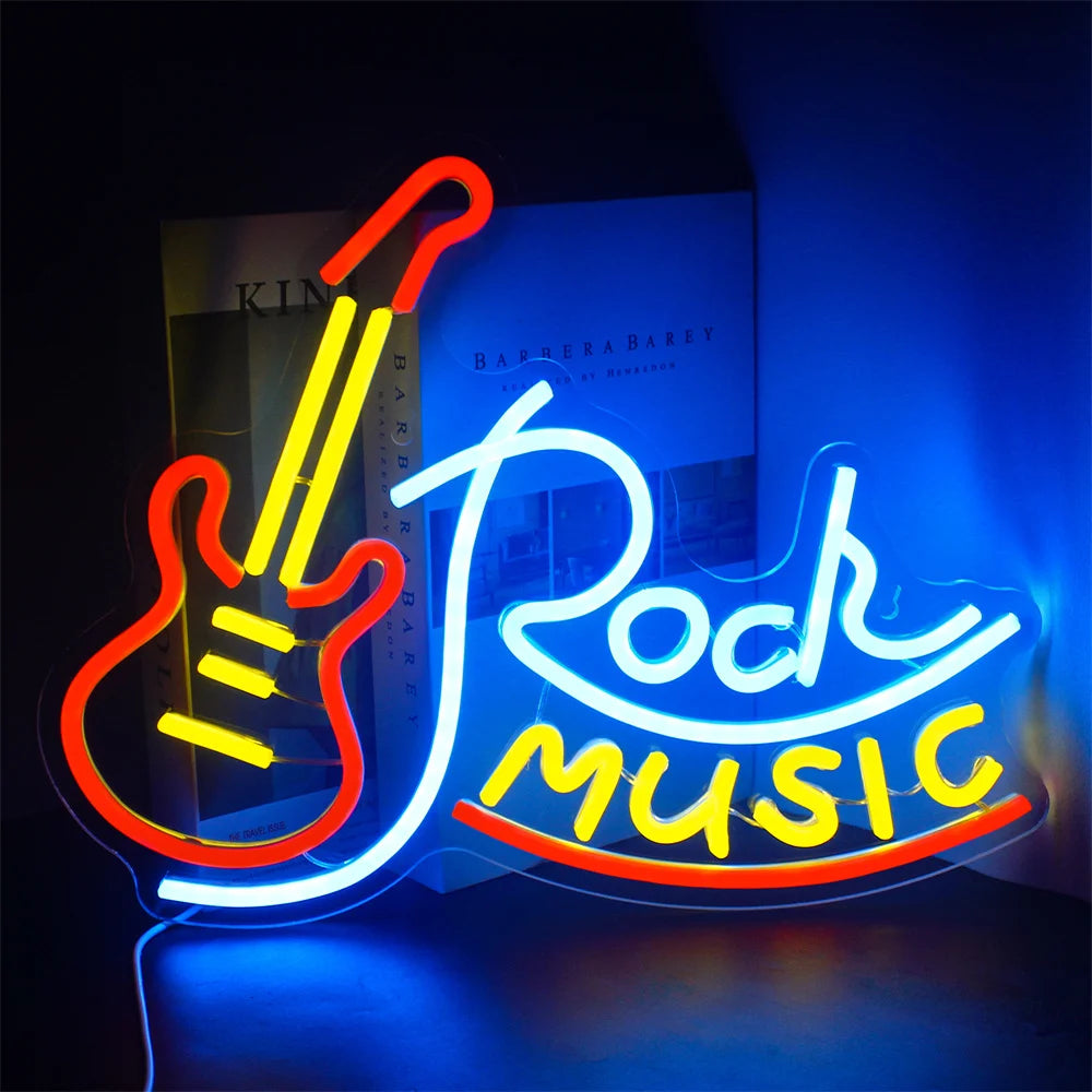 Een levendig en opwindend LED-neonbord met de tekst "Rock Music" in opvallende, gestileerde letters.