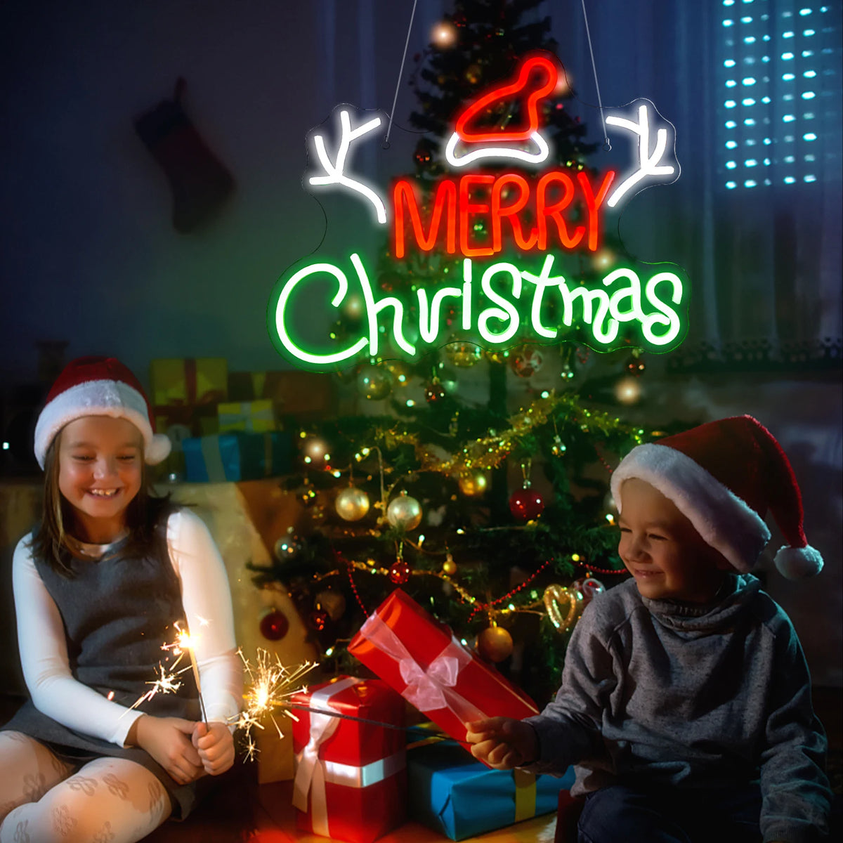MERRY Christmas – Kerstmuts en gewei – LED-neonbord (5 V USB)