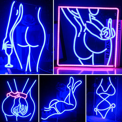 The image showcases a vibrant LED neon sign depicting the silhouette of a glamorous lady in a seductive pose.