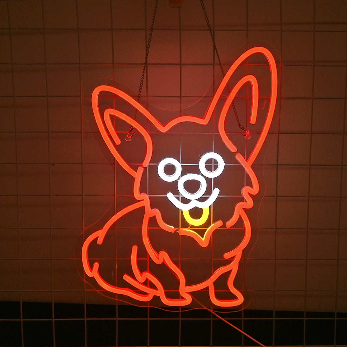 Een helder en levendig rood LED-neonbord met het silhouet van een Corgi-hond.
