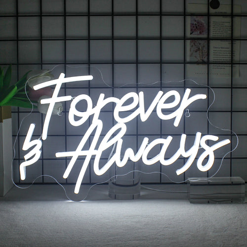 Op de afbeelding is een stijlvol, handgemaakt LED-neonbord te zien met de tekst "Forever Always" in sierlijk, cursief schrift.