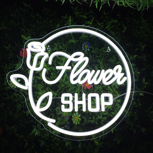 Flower SHOP – Roos en rond kader – LED-neonbord (5 V USB)