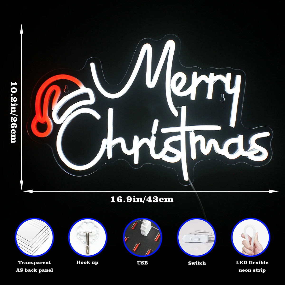 Merry Christmas – Kerstmuts – LED-neonbord (5 V USB)