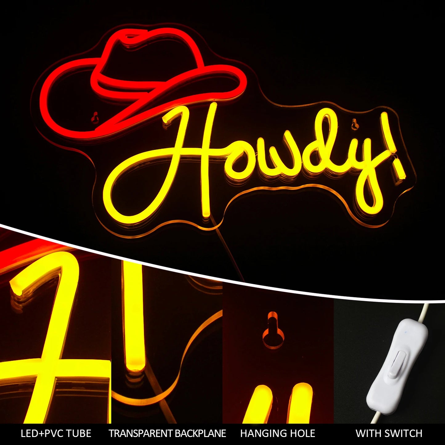Howdy Cowboy Hat 5V USB LED Neon Sign - Budget Friendly