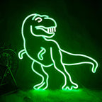De afbeelding toont een grappig LED-neonbord met dinosaurussen.