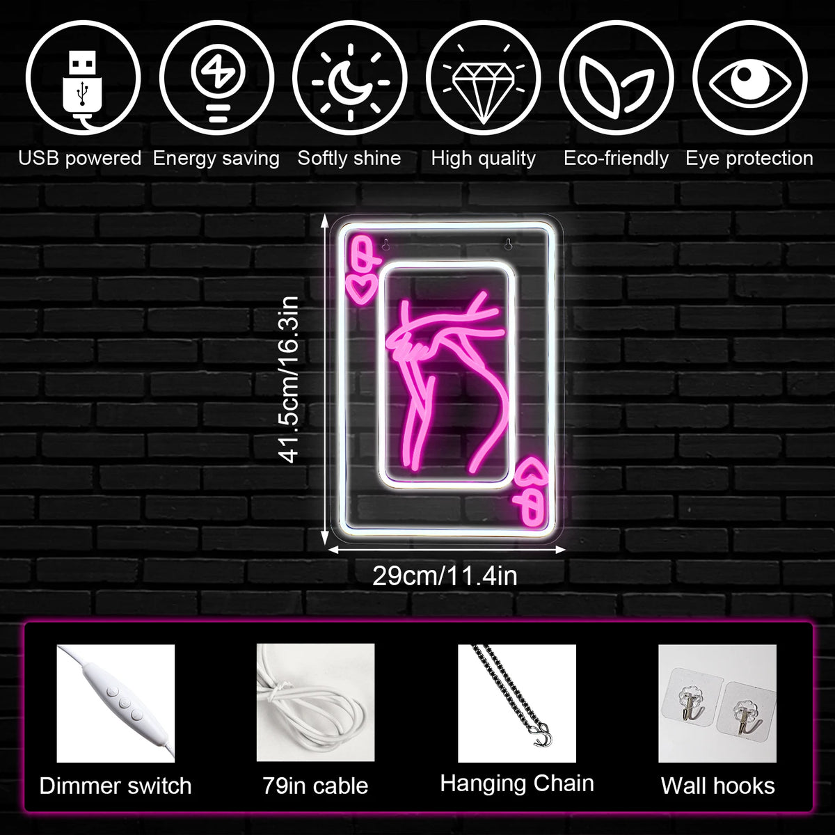 Vrouwenkaart met vrouwensilhouet en harten – LED-neonbord (5 V USB)
