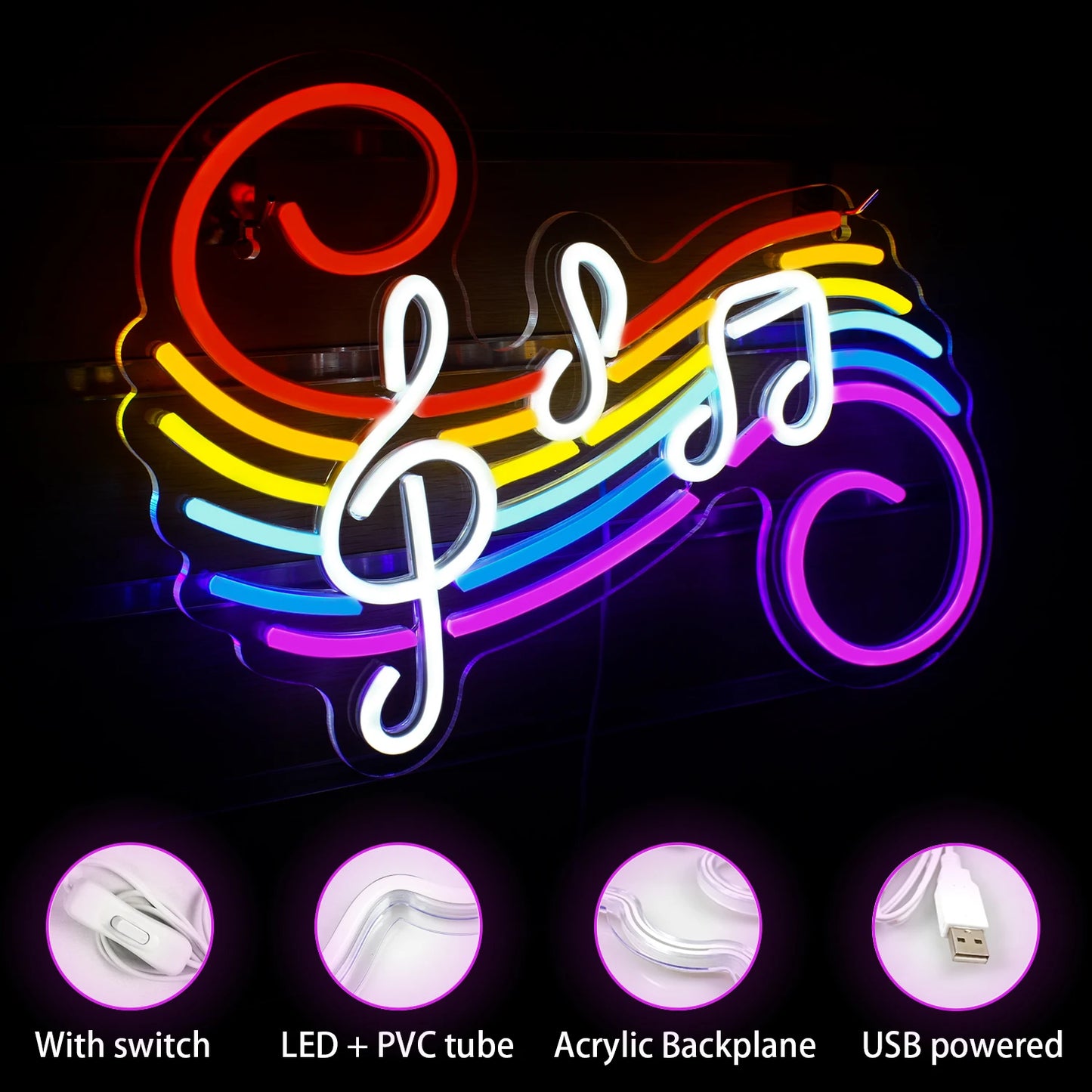 Colorful Musical Notes 5V USB LED Neon Sign - Budget Friendly