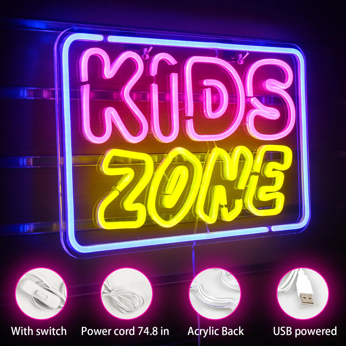 KIDS ZONE – Rechthoekig kader – LED-neonbord (5 V USB)