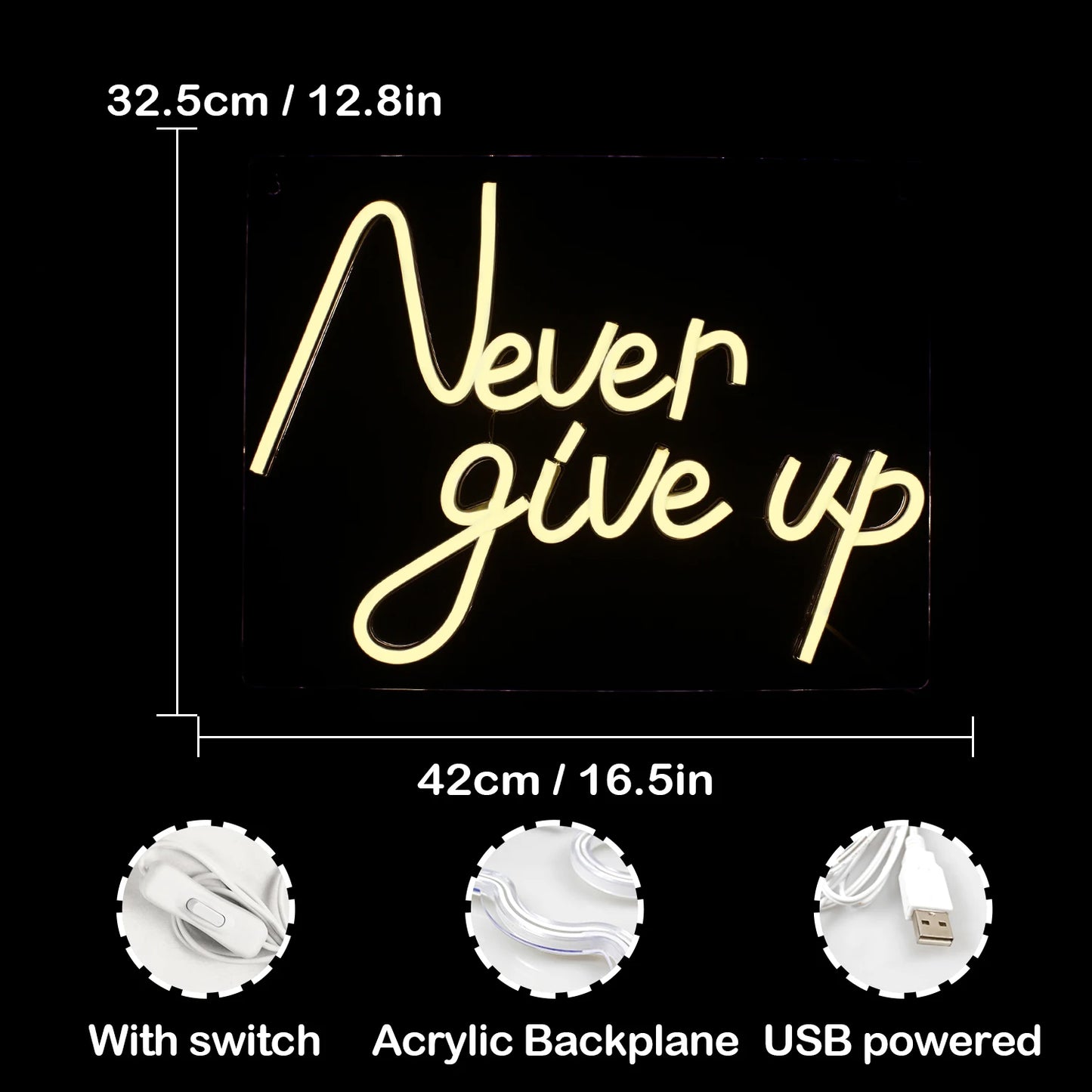 Never Give Up 5V USB LED Neon Sign - Budget Friendly