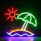 The image showcases a vibrant LED neon sign featuring the words "Beach Sun.